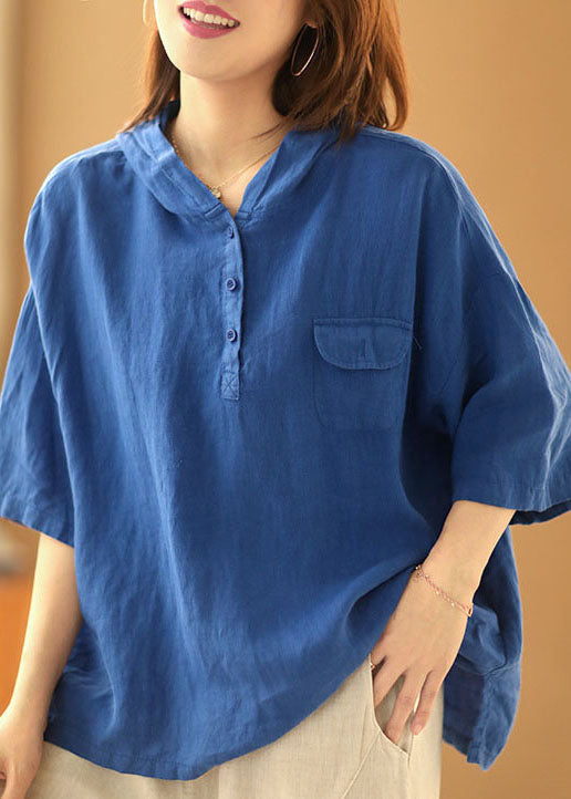 Blue Color Hooded Pockets Cotton Blend Pullover Top Summer