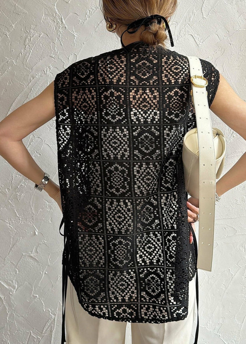 Black Oversized Hollow Out Lace Tops Sleeveless