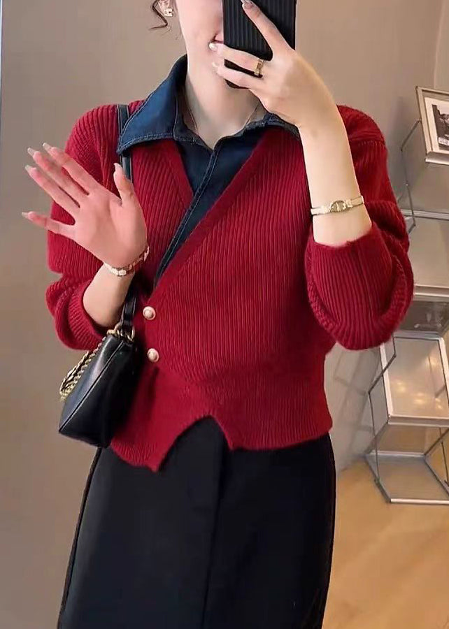 Red Asymmetrical Patchwork False Two Pieces Cotton Knit Top Spring