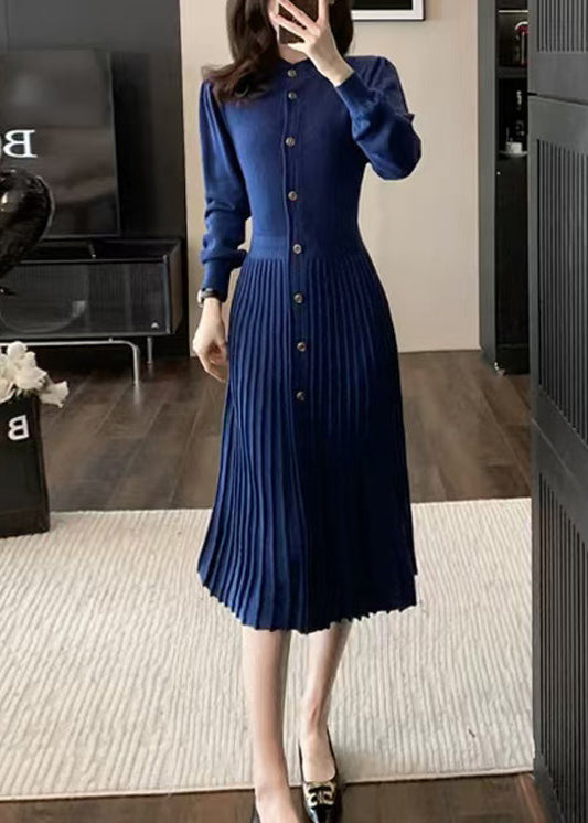 Blue O Neck Wrinkled Knit Sweaters Dress Winter