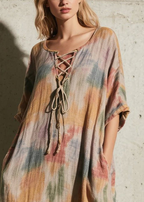 Khaki Tie Dye Cross Strap Cotton Long Dress Fall