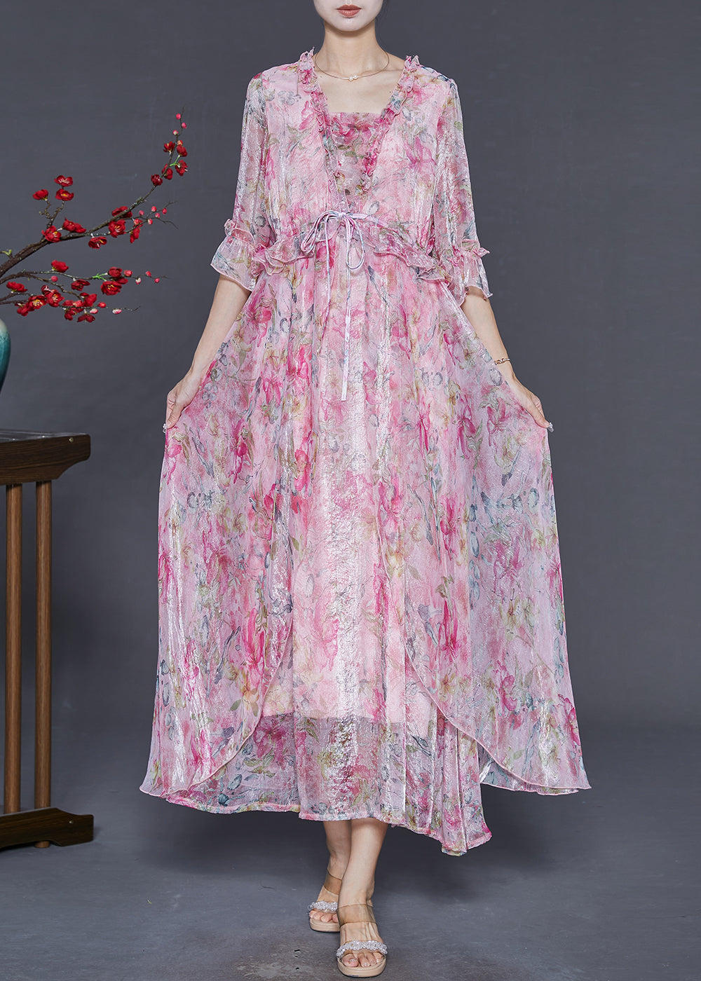 Pink Ruffled Print Silk Party Dresses Summer