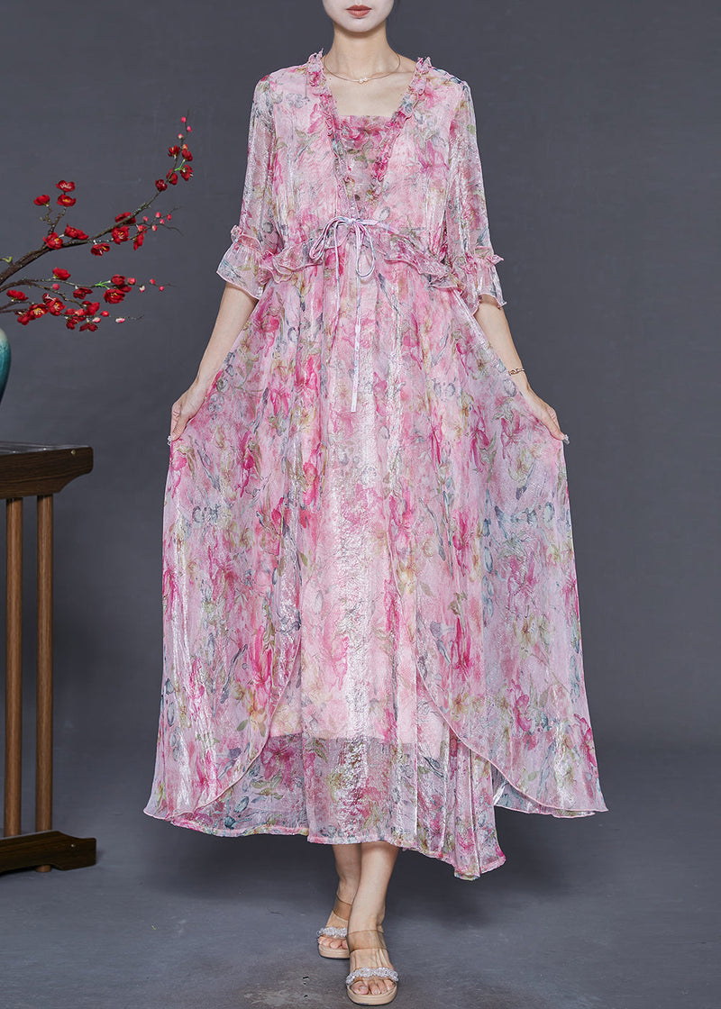Pink Ruffled Print Silk Party Dresses Summer