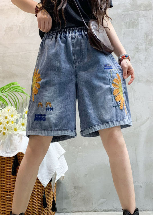 Blue Embroideried Denim Shorts Summer
