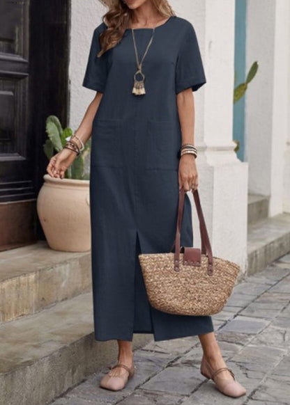 Loose Apricot Patchwork Vacation Long Dresses Short Sleeve
