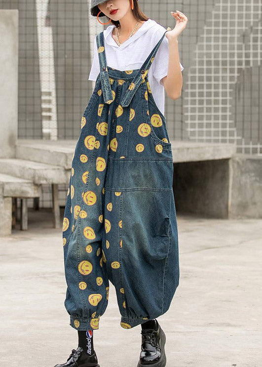 Blue Smile Print Patchwork Pockets Denim Jumpsuit Sleeveless
