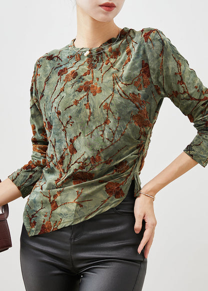 Green Jacquard Asymmetrical Silm Fit Velour Blouses Spring