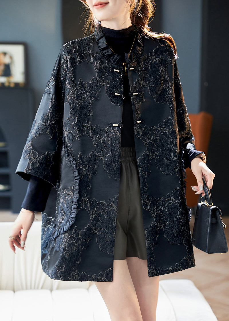 Jacquard Black Ruffled Button Pockets Silk Coats Bracelet Sleeve