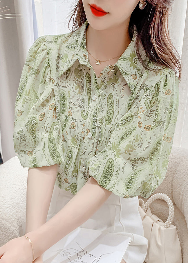 Green Peter Pan Collar Print Chiffon Shirt Top Lantern Sleeve
