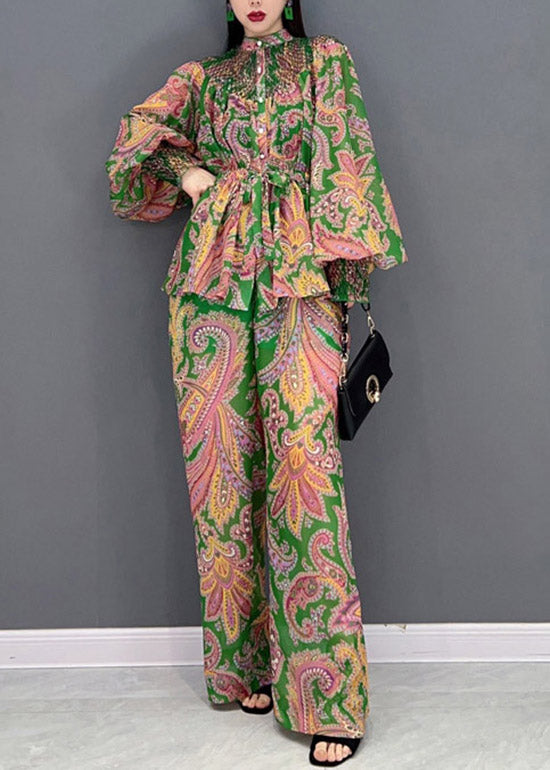 Stand Collar Wrinkled Print Chiffon Shirts and Wide Leg Pants Two Pieces Set Lantern Sleeve