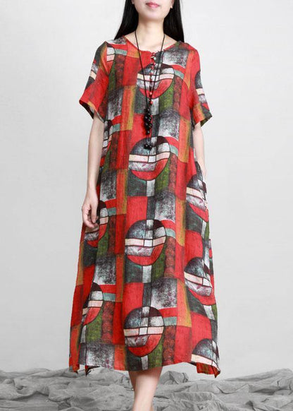 Red Print Linen Dress Pockets