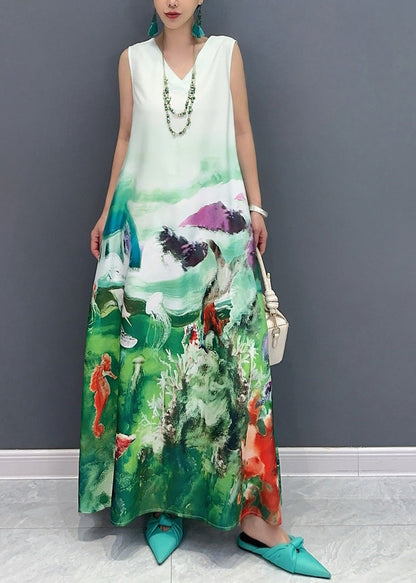 Blue V Neck Print Long Dress Sleeveless
