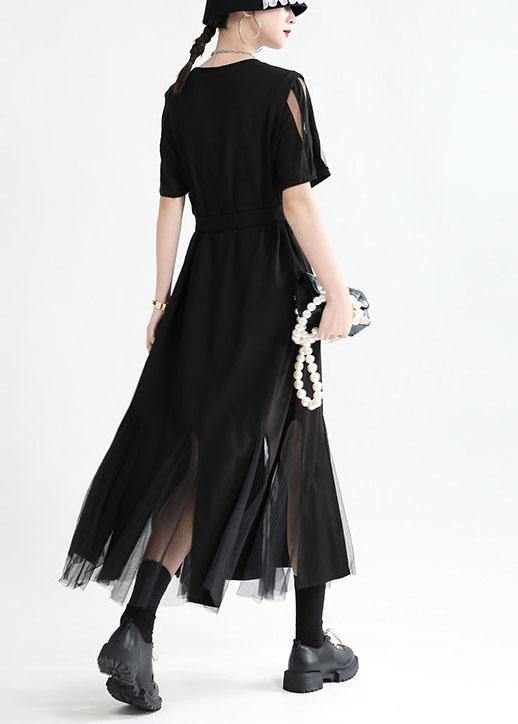 Art Black Patchwork Tulle Summer Tie Waist Dress Short Sleeve
