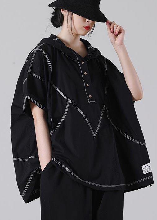 Drawstring Black Drawstring Cotton Blouses Summer