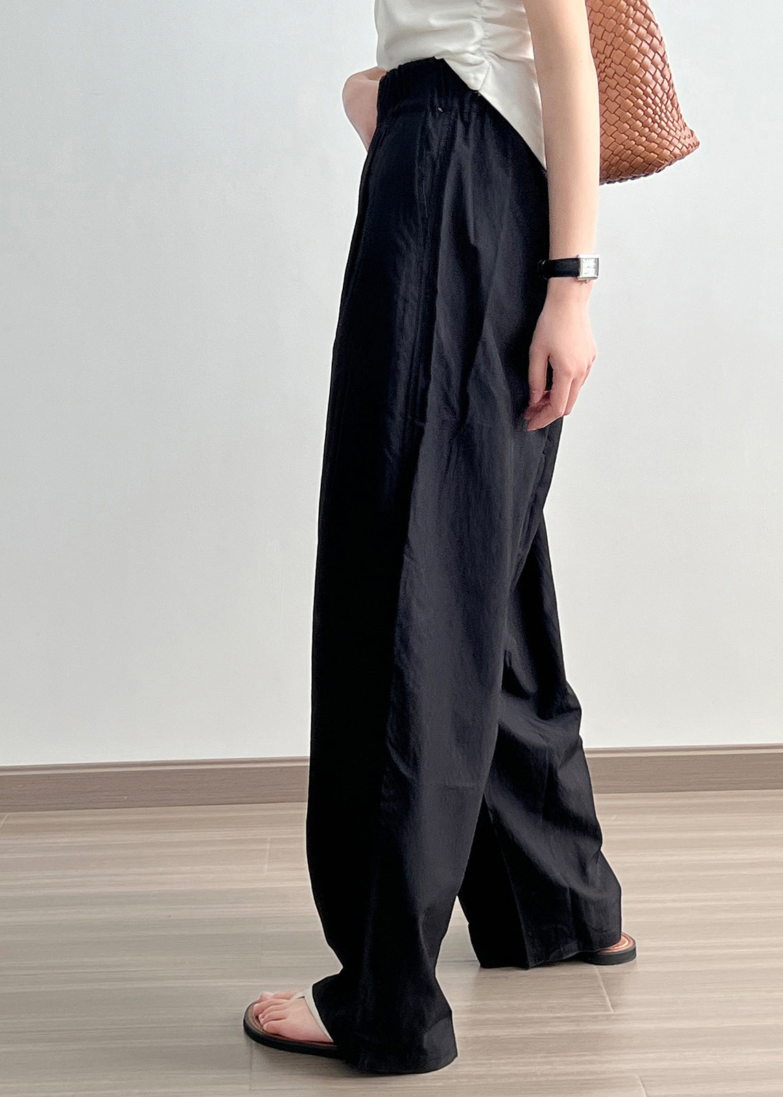 Black Pockets Cotton Wide Leg Pants Elastic Waist Wrinkled Fall