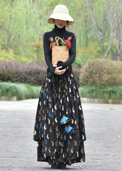 Black Wrinkled Print Elastic Waist Corduroy Skirt Spring