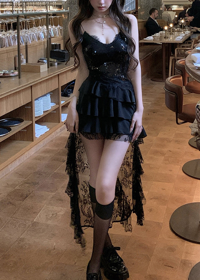 Black Sequins Lace Low High Design Dress Sleeveless