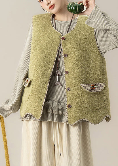 Green Button Faux Fur Waistcoat and Top Two Pieces Set Sleeveless