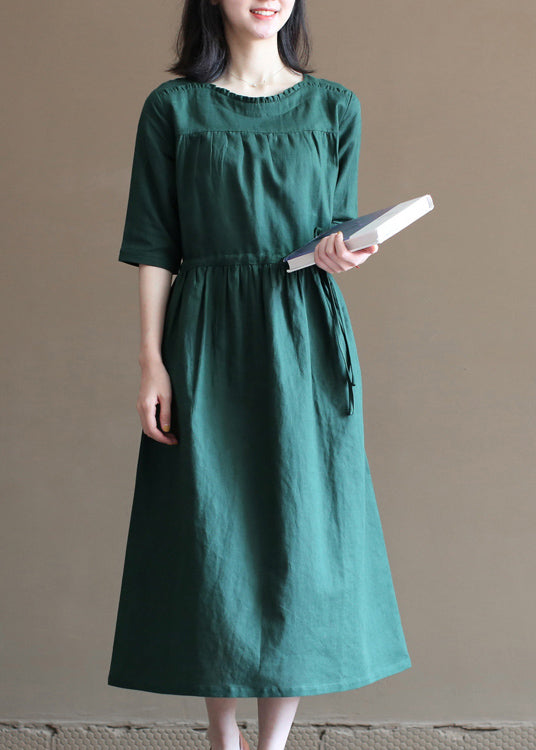 Loose Blackish Green Drawstring Ruffled Cotton Linen Vacation Dress Half Sleeve