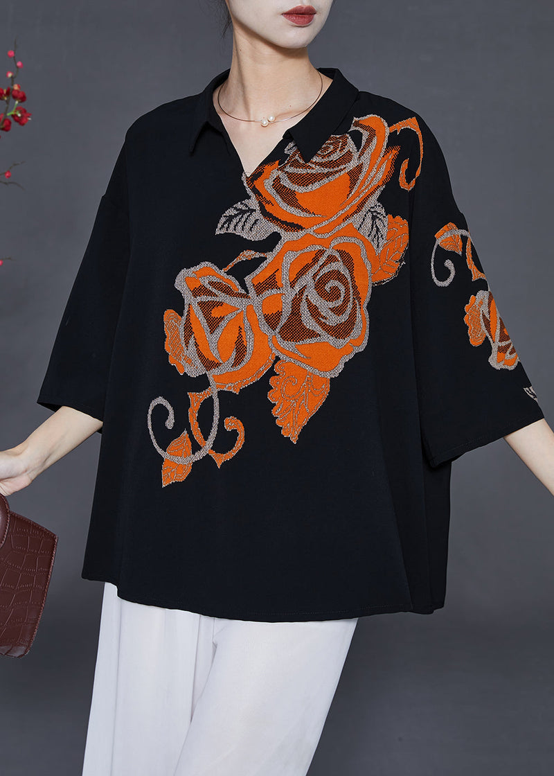 Black Oversized Print Silk Shirts Bracelet Sleeve