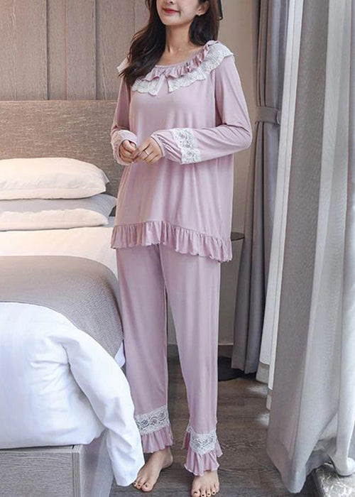 Blue Lace Patchwork Cotton Pajamas Two Piece Set Fall