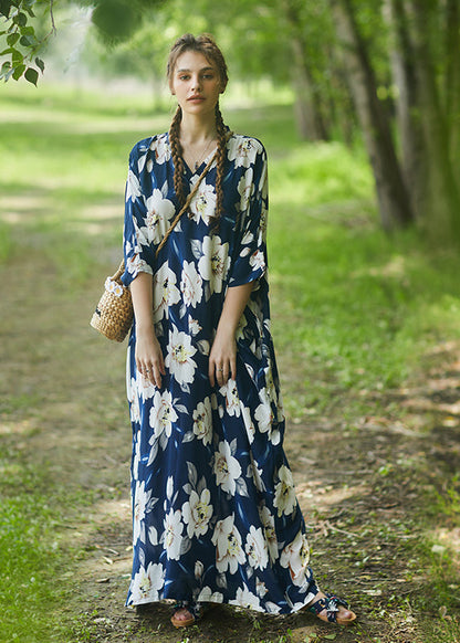 Blue V Neck Cotton Robe Dress Summer
