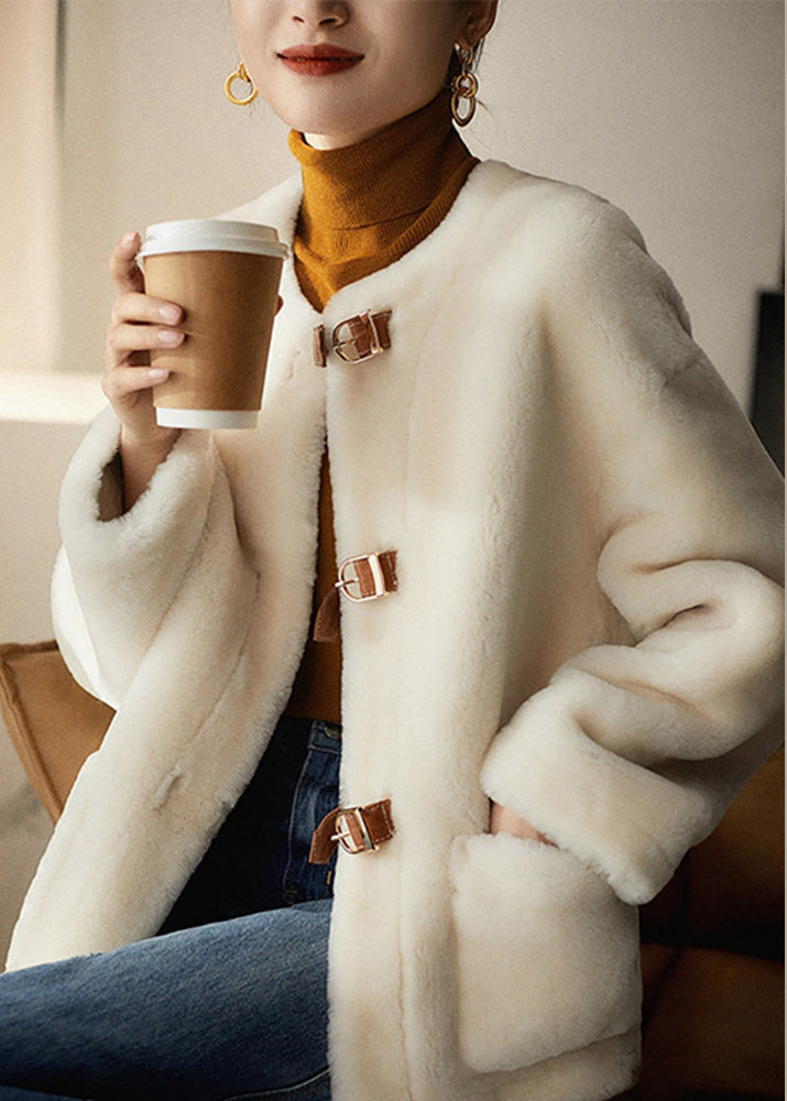 Beige O Neck Pockets Button Patchwork Wool Coats Winter