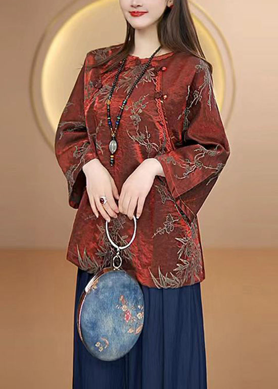 Red O Neck Oriental Button Jacquard Silk Top Fall
