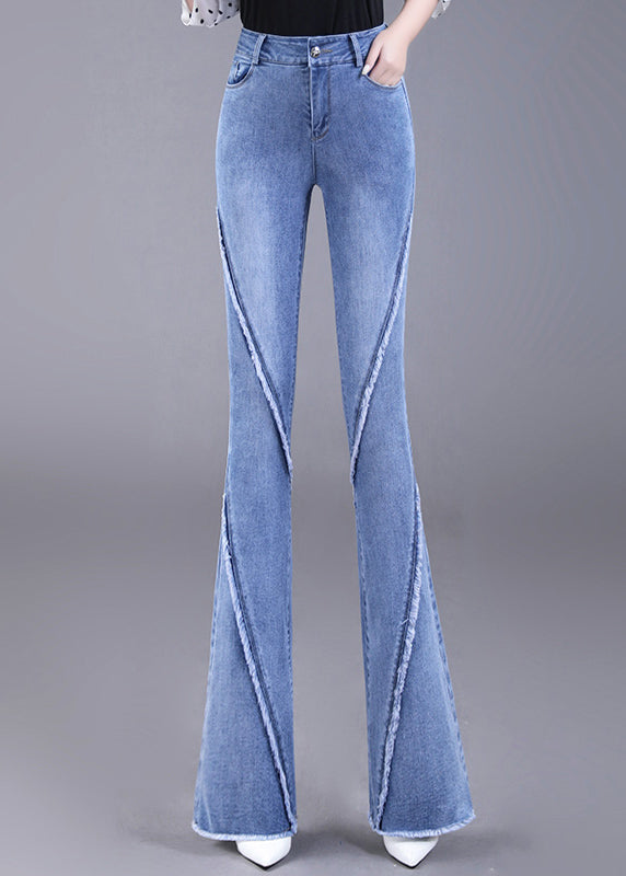 Navy Tassel Pockets Patchwork Denim Flared Trousers Fall