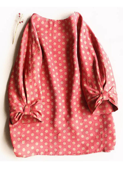 Red O-neck Dot Silk T Shirt Half Sleeve