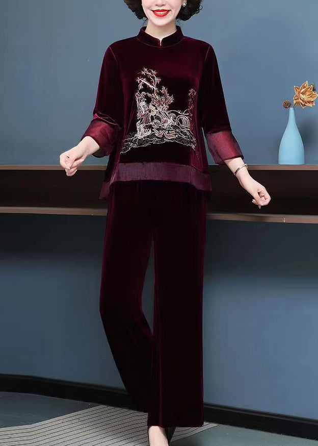 Mulberry Tops and Pants Velour Two Piece Set Embroideried Fall