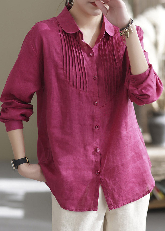 Retro Rose Peter Pan Collar Patchwork Wrinkled Button Linen Shirt Long Sleeve