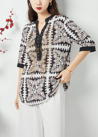 Black V Neck Print Draping Chiffon Blouses Summer