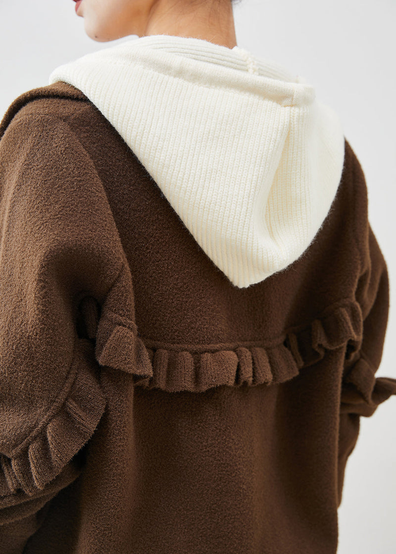 Chocolate Ruffled Patchwork Woolen Coat Spring