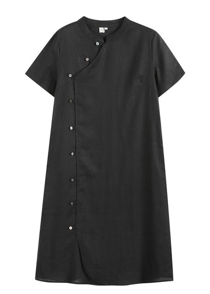 Black Mandarin Collar Button Linen a Line Dresses Short Sleeve