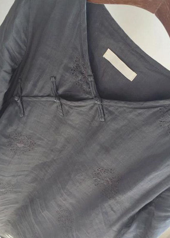 Grey V Neck Embroideried Button Linen Cheongsam Dress Half Sleeve