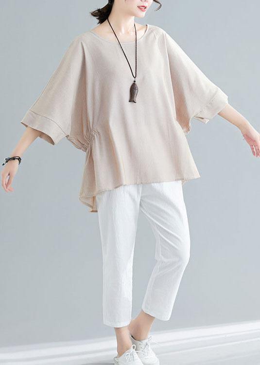 Unique Beige Batwing Sleeve Cotton Summer Shirt Tops