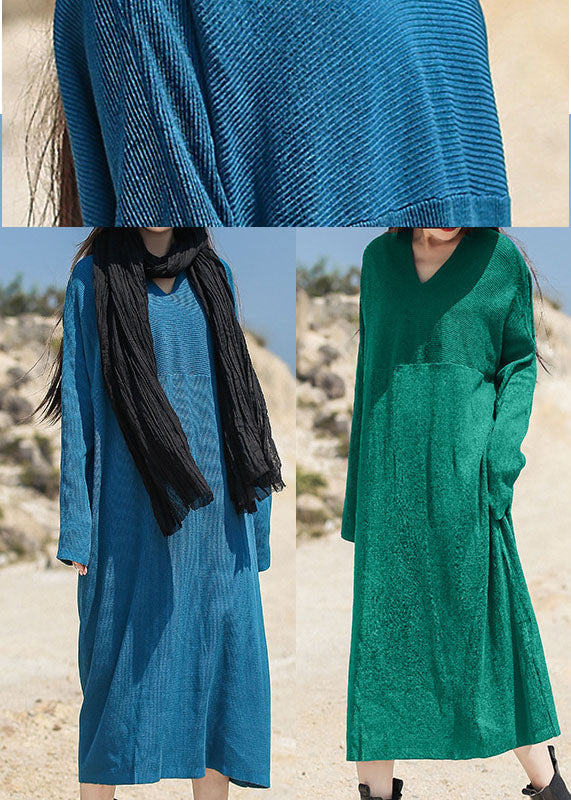 Green V Neck Patchwork Knit Maxi Dress Spring