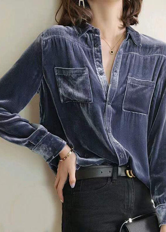 Blue Patchwork Silk Velour Shirt Tops Peter Pan Collar Long Sleeve
