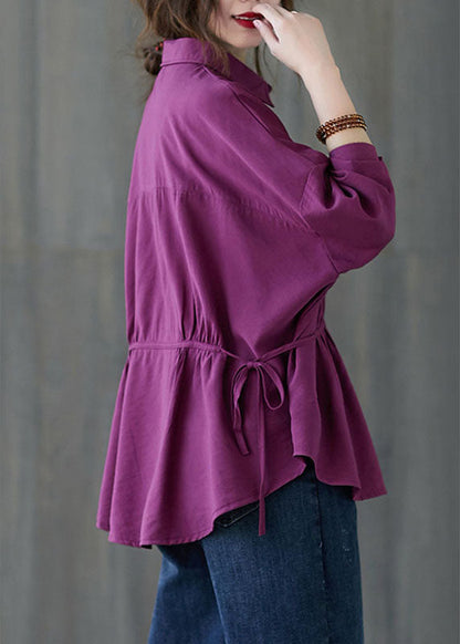 Purple Loose Button Tie Waist Fall Shirt Long Sleeve