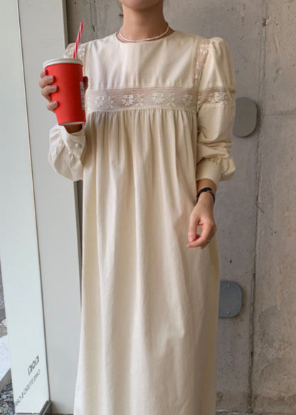 Apricot O Neck Wrinkled Patchwork Cotton Dress Spring