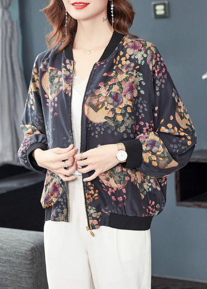 Dark Gray Zip Up Print Pockets Patchwork Silk Coats Fall