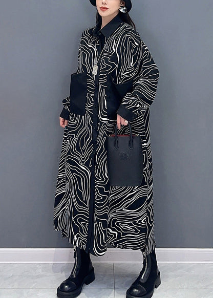 New Black Button Print Patchwork Cotton Shirt Dresses Long Sleeve