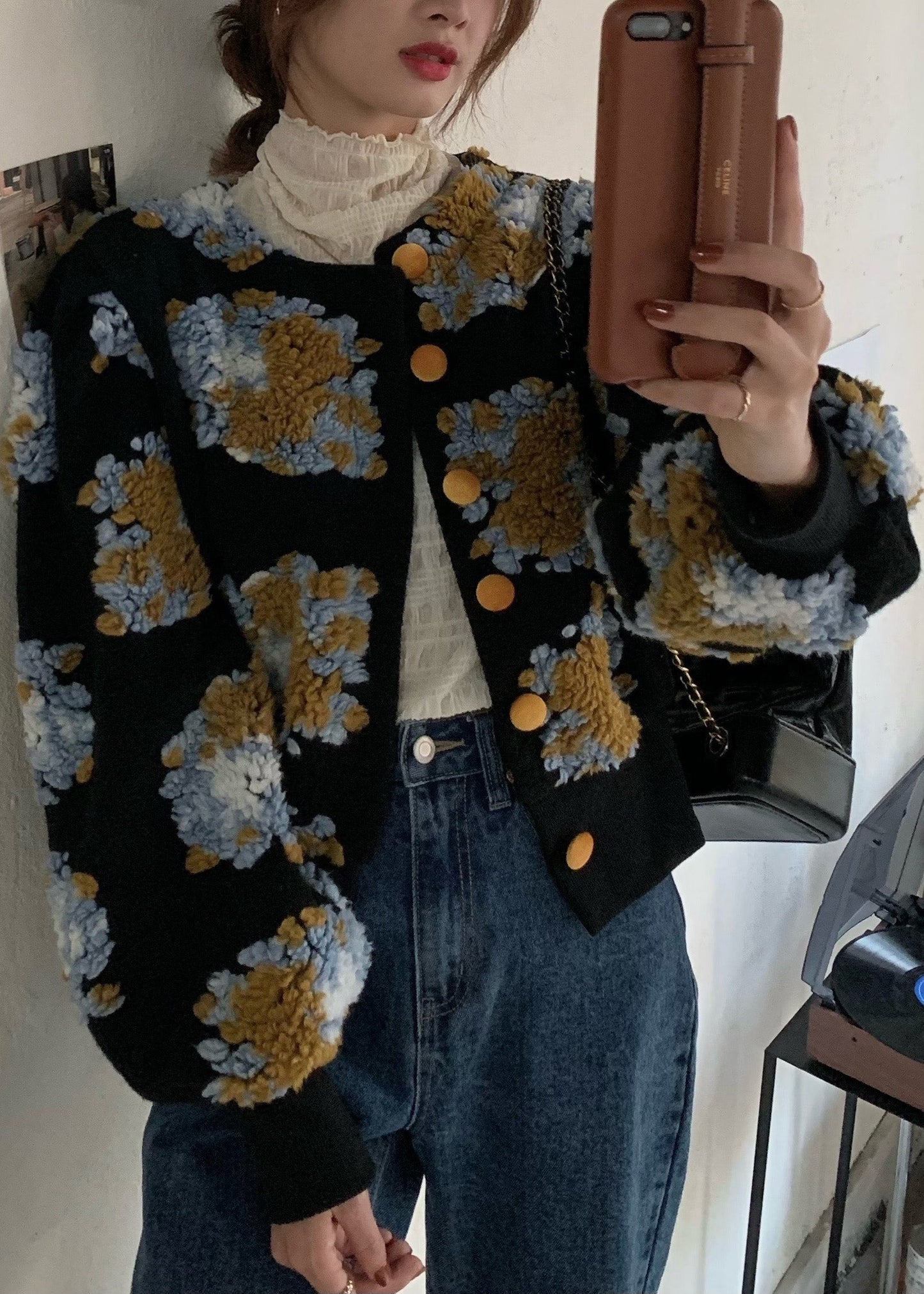 Handmade Black Embroidered Faux Fur Jacket Spring