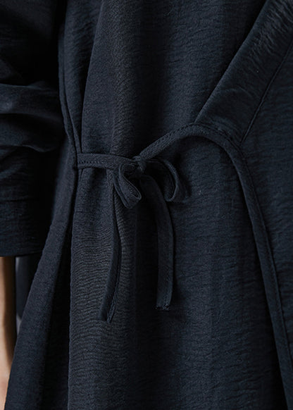 Black Oversized Tie Waist Linen Two Pieces Set Fall