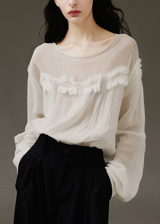 Modern White O-neck Patchwork Tulle Top Lantern Sleev