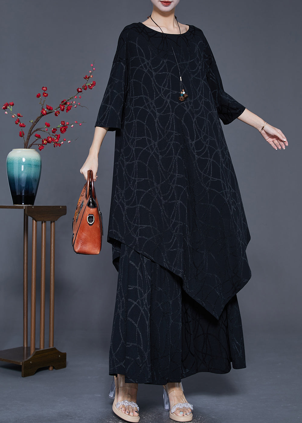 Black Striped Silk Sets 2 Pieces Asymmetrical Summer