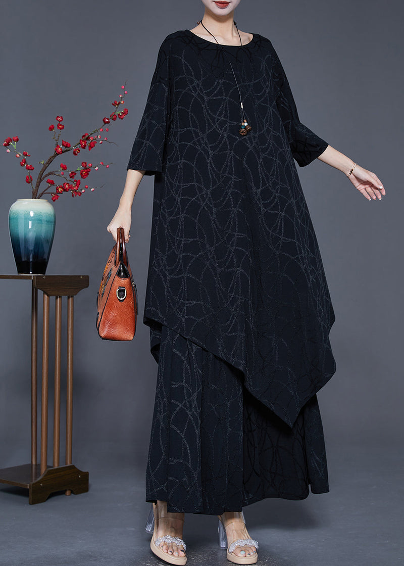 Black Striped Silk Sets 2 Pieces Asymmetrical Summer
