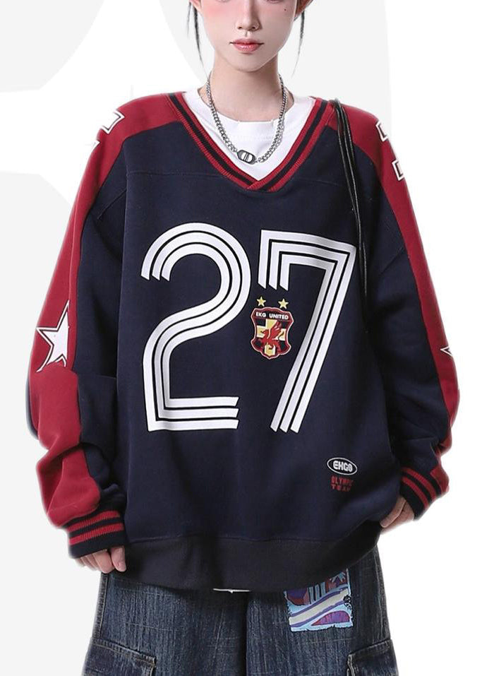 Diy Navy Zip Up Patchwork Cotton Pullover Spring
