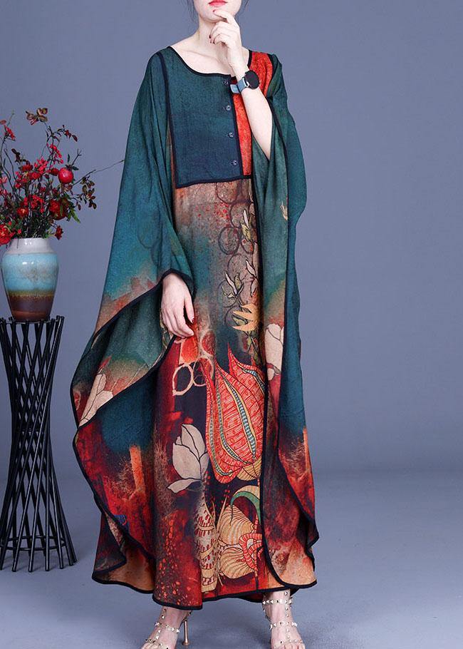 Boutique Green Print Button Retro O-neck Summer Chiffon Dresses
